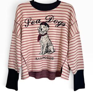 Maeve Anthropologie Logan Sea Dogs Pullover Sweater Red Stripe Dog Graphic S NWT